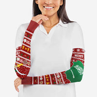 Saudi Arabia Christmas Arm Sleeves with Red Festive Pattern, National Emblem with Palm and Swords, and Map Motif - Wonder Print Shop