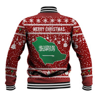 Saudi Arabia Christmas Baseball Jacket with Red Festive Pattern, National Emblem with Palm and Swords, and Map Motif - Wonder Print Shop