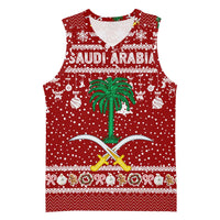 Saudi Arabia Christmas Basketball Jersey with Red Festive Pattern, National Emblem with Palm and Swords, and Map Motif - Wonder Print Shop