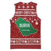 Saudi Arabia Christmas Basketball Jersey with Red Festive Pattern, National Emblem with Palm and Swords, and Map Motif - Wonder Print Shop