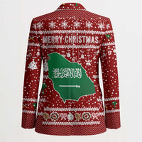 Saudi Arabia Christmas Blazer with Red Festive Pattern, National Emblem with Palm and Swords, and Map Motif - Wonder Print Shop