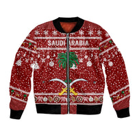 Saudi Arabia Christmas Bomber Jacket with Red Festive Pattern, National Emblem with Palm and Swords, and Map Motif - Wonder Print Shop