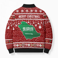 Saudi Arabia Christmas Bomber Puffer Jacket with Red Festive Pattern, National Emblem with Palm and Swords, and Map Motif - Wonder Print Shop