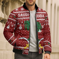 Saudi Arabia Christmas Bomber Puffer Jacket with Red Festive Pattern, National Emblem with Palm and Swords, and Map Motif - Wonder Print Shop