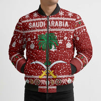 Saudi Arabia Christmas Bomber Puffer Jacket with Red Festive Pattern, National Emblem with Palm and Swords, and Map Motif - Wonder Print Shop
