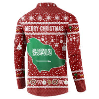 Saudi Arabia Christmas Button Sweatshirt with Red Festive Pattern, National Emblem with Palm and Swords, and Map Motif - Wonder Print Shop