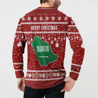 Saudi Arabia Christmas Button Sweatshirt with Red Festive Pattern, National Emblem with Palm and Swords, and Map Motif - Wonder Print Shop