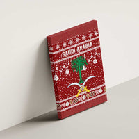 Saudi Arabia Christmas Canvas Wall Art with Red Festive Pattern, National Emblem with Palm and Swords, and Map Motif - Wonder Print Shop
