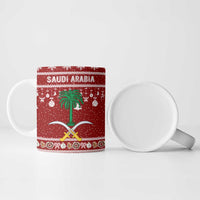 Saudi Arabia Christmas Ceramic Mug with Red Festive Pattern, National Emblem with Palm and Swords, and Map Motif - Wonder Print Shop