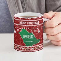 Saudi Arabia Christmas Ceramic Mug with Red Festive Pattern, National Emblem with Palm and Swords, and Map Motif - Wonder Print Shop