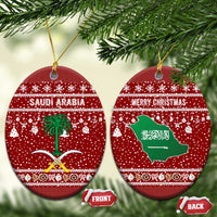 Saudi Arabia Christmas Ceramic Ornament with Red Festive Pattern, National Emblem with Palm and Swords, and Map Motif - Wonder Print Shop