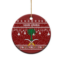 Saudi Arabia Christmas Ceramic Ornament with Red Festive Pattern, National Emblem with Palm and Swords, and Map Motif - Wonder Print Shop