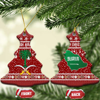 Saudi Arabia Christmas Ceramic Ornament with Red Festive Pattern, National Emblem with Palm and Swords, and Map Motif - Wonder Print Shop