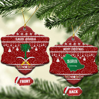 Saudi Arabia Christmas Ceramic Ornament with Red Festive Pattern, National Emblem with Palm and Swords, and Map Motif - Wonder Print Shop