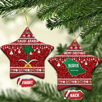 Saudi Arabia Christmas Ceramic Ornament with Red Festive Pattern, National Emblem with Palm and Swords, and Map Motif - Wonder Print Shop