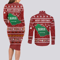 Saudi Arabia Christmas Couples Matching Long Sleeve Bodycon Dress and Long Sleeve Button Shirt with Red Festive Pattern, National Emblem with Palm and Swords, and Map Motif - Wonder Print Shop