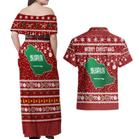 Saudi Arabia Christmas Couples Matching Off Shoulder Maxi Dress and Hawaiian Shirt with Red Festive Pattern, National Emblem with Palm and Swords, and Map Motif - Wonder Print Shop