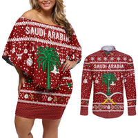 Saudi Arabia Christmas Couples Matching Off Shoulder Short Dress and Long Sleeve Button Shirt with Red Festive Pattern, National Emblem with Palm and Swords, and Map Motif - Wonder Print Shop