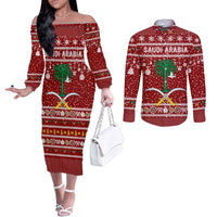 Saudi Arabia Christmas Couples Matching Off The Shoulder Long Sleeve Dress and Long Sleeve Button Shirt with Red Festive Pattern, National Emblem with Palm and Swords, and Map Motif - Wonder Print Shop