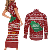 Saudi Arabia Christmas Couples Matching Short Sleeve Bodycon Dress and Long Sleeve Button Shirt with Red Festive Pattern, National Emblem with Palm and Swords, and Map Motif - Wonder Print Shop