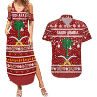 Saudi Arabia Christmas Couples Matching Summer Maxi Dress and Hawaiian Shirt with Red Festive Pattern, National Emblem with Palm and Swords, and Map Motif - Wonder Print Shop