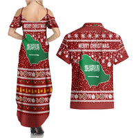 Saudi Arabia Christmas Couples Matching Summer Maxi Dress and Hawaiian Shirt with Red Festive Pattern, National Emblem with Palm and Swords, and Map Motif - Wonder Print Shop