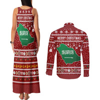 Saudi Arabia Christmas Couples Matching Tank Maxi Dress and Long Sleeve Button Shirt with Red Festive Pattern, National Emblem with Palm and Swords, and Map Motif - Wonder Print Shop