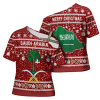 Saudi Arabia Christmas Cross Shoulder Shirt with Red Festive Pattern, National Emblem with Palm and Swords, and Map Motif - Wonder Print Shop