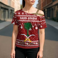 Saudi Arabia Christmas Cross Shoulder Shirt with Red Festive Pattern, National Emblem with Palm and Swords, and Map Motif - Wonder Print Shop