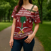 Saudi Arabia Christmas Cross Shoulder Shirt with Red Festive Pattern, National Emblem with Palm and Swords, and Map Motif - Wonder Print Shop