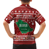 Saudi Arabia Christmas Family Matching Off The Shoulder Long Sleeve Dress and Hawaiian Shirt with Red Festive Pattern, National Emblem with Palm and Swords, and Map Motif - Wonder Print Shop