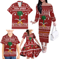 Saudi Arabia Christmas Family Matching Off The Shoulder Long Sleeve Dress and Hawaiian Shirt with Red Festive Pattern, National Emblem with Palm and Swords, and Map Motif - Wonder Print Shop