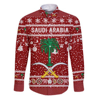 Saudi Arabia Christmas Family Matching Off The Shoulder Long Sleeve Dress and Hawaiian Shirt with Red Festive Pattern, National Emblem with Palm and Swords, and Map Motif - Wonder Print Shop