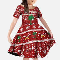 Saudi Arabia Christmas Family Matching Off Shoulder Maxi Dress and Hawaiian Shirt with Red Festive Pattern, National Emblem with Palm and Swords, and Map Motif - Wonder Print Shop