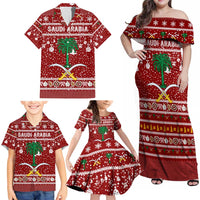 Saudi Arabia Christmas Family Matching Off Shoulder Maxi Dress and Hawaiian Shirt with Red Festive Pattern, National Emblem with Palm and Swords, and Map Motif - Wonder Print Shop