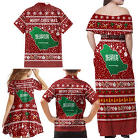 Saudi Arabia Christmas Family Matching Off Shoulder Maxi Dress and Hawaiian Shirt with Red Festive Pattern, National Emblem with Palm and Swords, and Map Motif - Wonder Print Shop