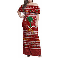 Saudi Arabia Christmas Family Matching Off Shoulder Maxi Dress and Hawaiian Shirt with Red Festive Pattern, National Emblem with Palm and Swords, and Map Motif - Wonder Print Shop
