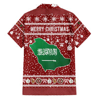 Saudi Arabia Christmas Family Matching Short Sleeve Bodycon Dress and Hawaiian Shirt with Red Festive Pattern, National Emblem with Palm and Swords, and Map Motif - Wonder Print Shop