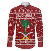Saudi Arabia Christmas Family Matching Short Sleeve Bodycon Dress and Hawaiian Shirt with Red Festive Pattern, National Emblem with Palm and Swords, and Map Motif - Wonder Print Shop