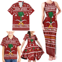 Saudi Arabia Christmas Family Matching Tank Maxi Dress and Hawaiian Shirt with Red Festive Pattern, National Emblem with Palm and Swords, and Map Motif - Wonder Print Shop