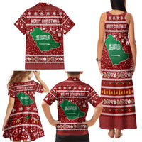 Saudi Arabia Christmas Family Matching Tank Maxi Dress and Hawaiian Shirt with Red Festive Pattern, National Emblem with Palm and Swords, and Map Motif - Wonder Print Shop