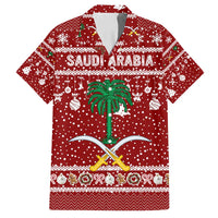 Saudi Arabia Christmas Family Matching Tank Maxi Dress and Hawaiian Shirt with Red Festive Pattern, National Emblem with Palm and Swords, and Map Motif - Wonder Print Shop