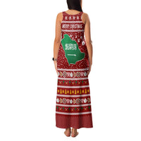 Saudi Arabia Christmas Family Matching Tank Maxi Dress and Hawaiian Shirt with Red Festive Pattern, National Emblem with Palm and Swords, and Map Motif - Wonder Print Shop
