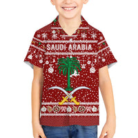 Saudi Arabia Christmas Family Matching Tank Maxi Dress and Hawaiian Shirt with Red Festive Pattern, National Emblem with Palm and Swords, and Map Motif - Wonder Print Shop