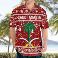 Saudi Arabia Christmas Hawaiian Shirt with Red Festive Pattern, National Emblem with Palm and Swords, and Map Motif - Wonder Print Shop