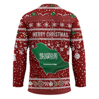 Saudi Arabia Christmas Hockey Jersey with Red Festive Pattern, National Emblem with Palm and Swords, and Map Motif - Wonder Print Shop