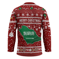 Saudi Arabia Christmas Hockey Jersey with Red Festive Pattern, National Emblem with Palm and Swords, and Map Motif - Wonder Print Shop