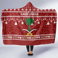 Saudi Arabia Christmas Hooded Blanket with Red Festive Pattern, National Emblem with Palm and Swords, and Map Motif - Wonder Print Shop