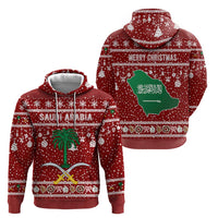 Saudi Arabia Christmas Hoodie with Red Festive Pattern, National Emblem with Palm and Swords, and Map Motif - Wonder Print Shop