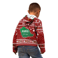 Saudi Arabia Christmas Kid Hoodie with Red Festive Pattern, National Emblem with Palm and Swords, and Map Motif - Wonder Print Shop